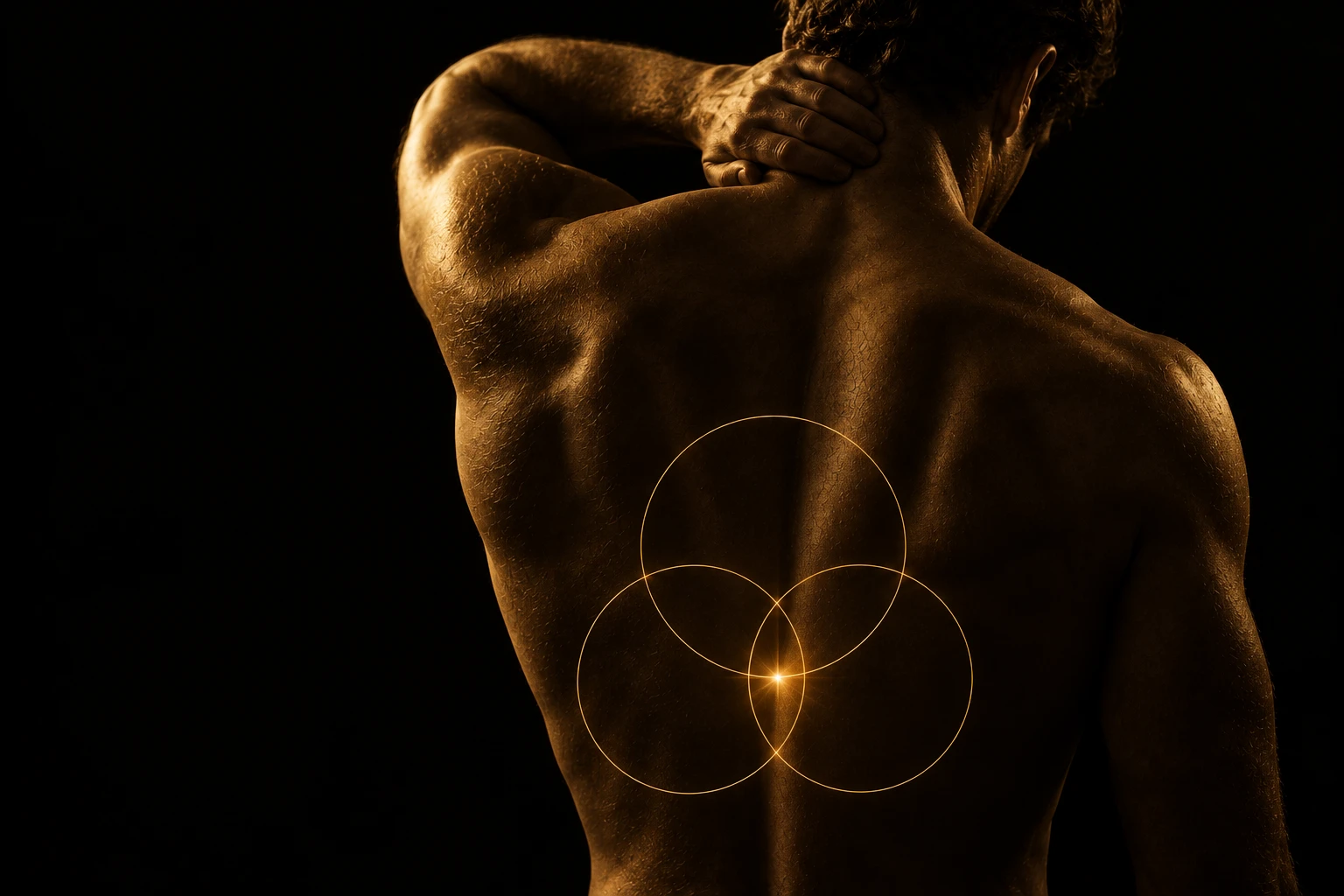 Espalda de un hombre en penumbra, con la mano en el cuello, y tres anillos dorados que convergen en un punto de luz sobre la zona lumbar, representando el modelo biopsicosocial del dolor