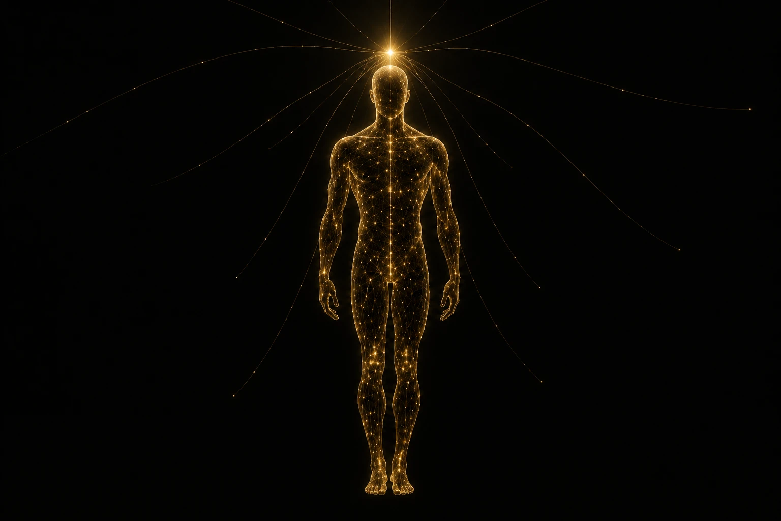 Silueta humana de cuerpo completo formada por una constelación de puntos de luz dorados conectados entre sí, con un punto más brillante sobre la cabeza del que descienden líneas que atraviesan y sostienen todo el cuerpo, representando la fe como la clave de bóveda de la salud