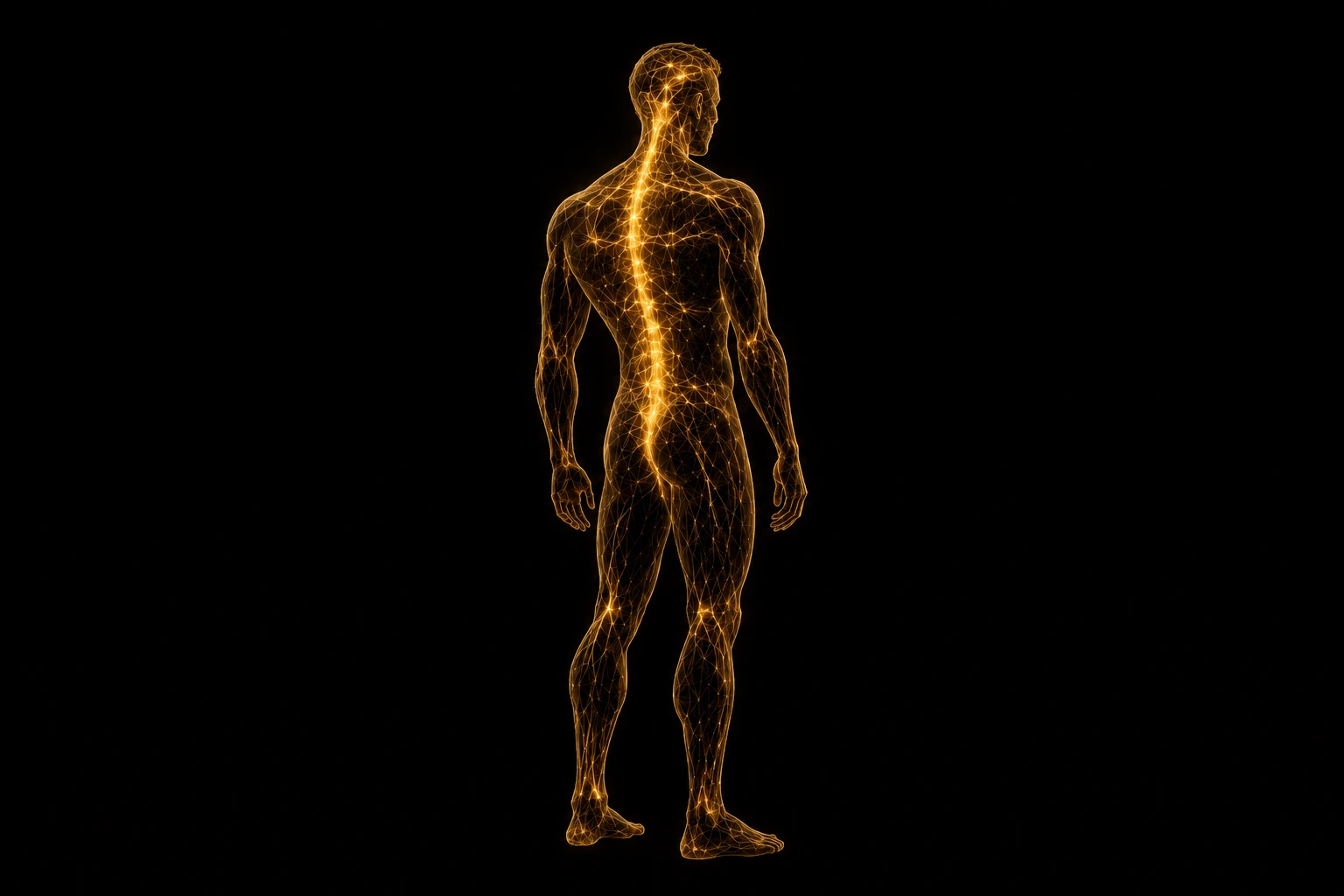 Silueta de perfil con una red de puntos y líneas doradas propagándose desde la columna vertebral, representando cómo la mente afecta al cuerpo