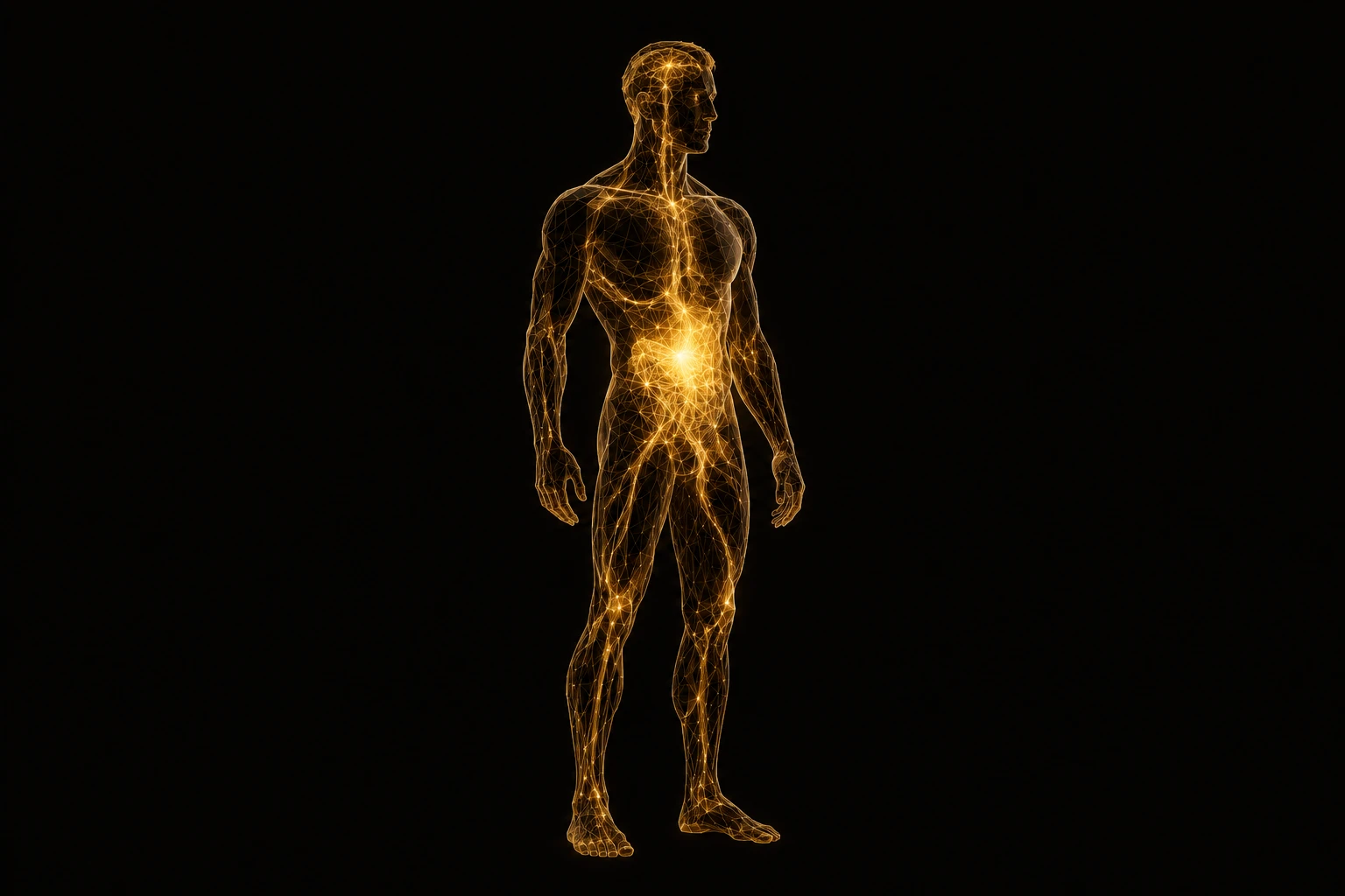Silueta humana con una red de líneas doradas ramificándose hacia el interior, representando cómo la nutrición reconstruye tejidos, sistema nervioso y energía celular
