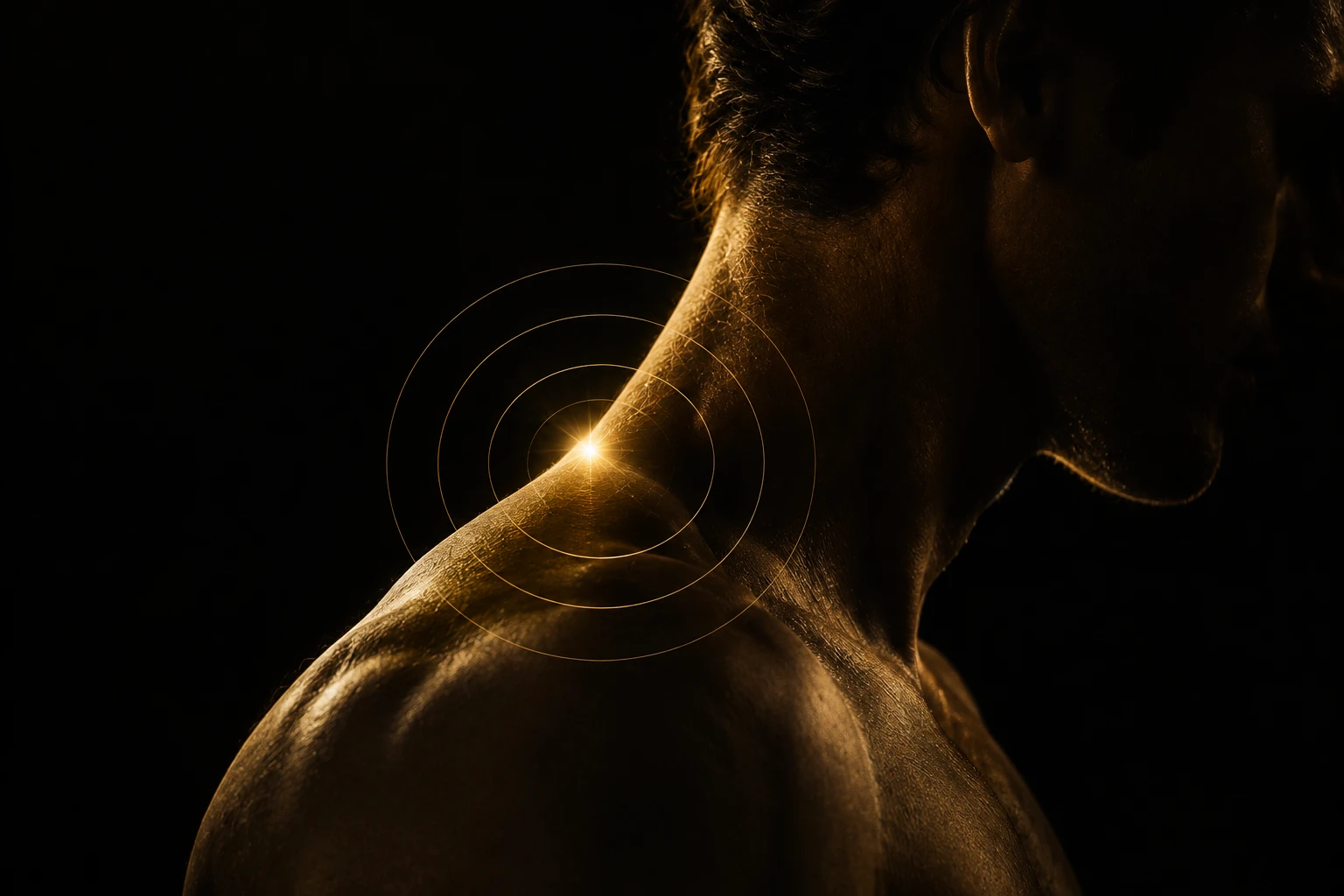Primer plano del hombro y cuello de un hombre en penumbra, con anillos concéntricos dorados y un punto de luz brillante marcando una señal de alarma en el cuerpo