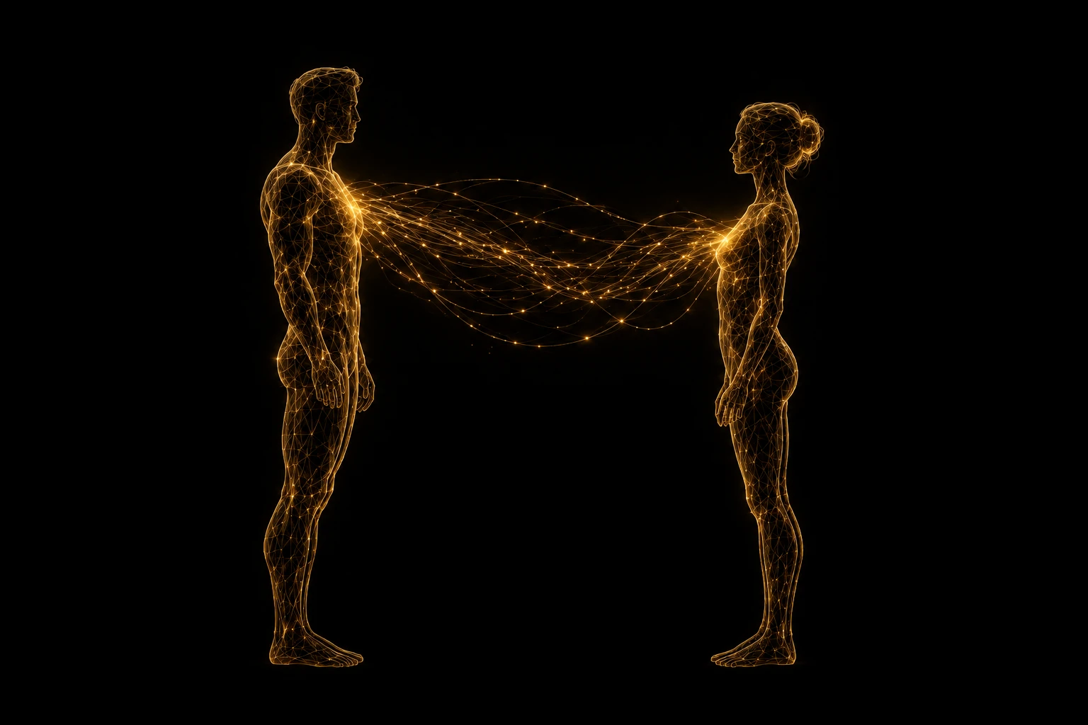 Dos siluetas conectadas por una red de líneas y puntos de luz dorados, representando la co-regulación del sistema nervioso entre personas de confianza